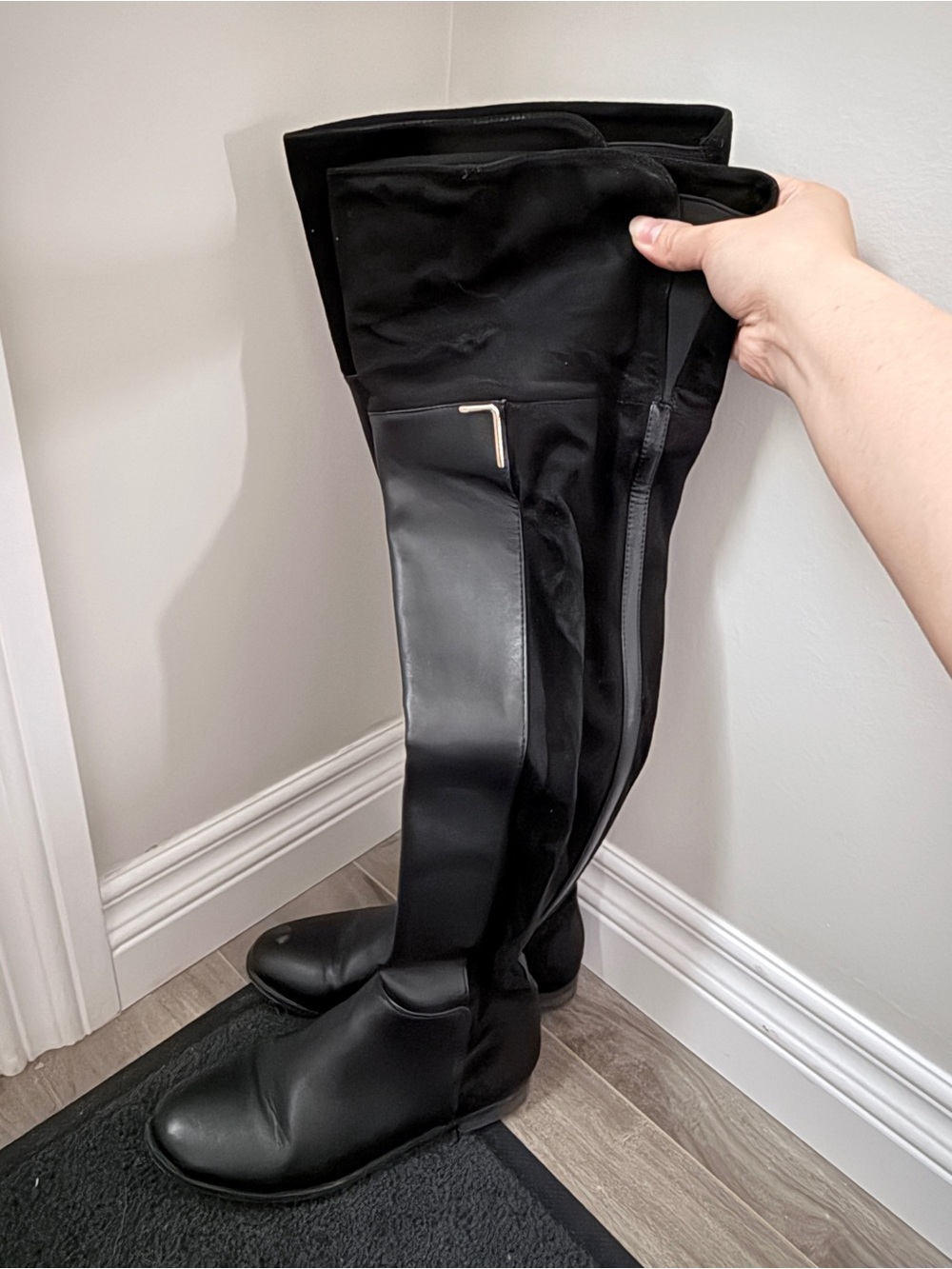 Black Over-the-Knee Faux Leather Suede Boots
